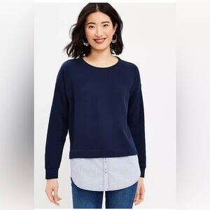 LOFT Layered Mixed Media White Sweatshirt with Blue and White Stripe Shirt Sz XS